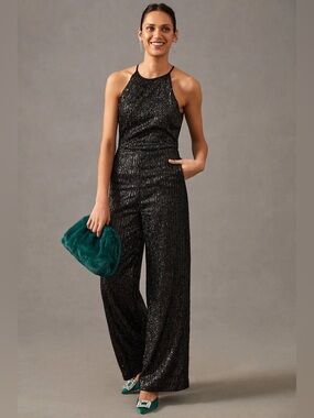 NWT ANTHROPOLOGIE Maeve Sequince Disco Black Jumpsuit
